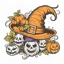 witch hat with pumpkins and ghosts coming tattoo design idea