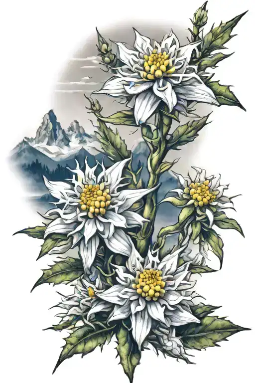 edelweiss flowers with mountain scene tattoo design idea