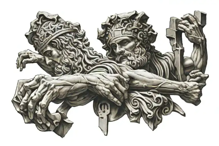 ancient greek statues reaching out to grasp each other and between their hands a cross tattoo design idea