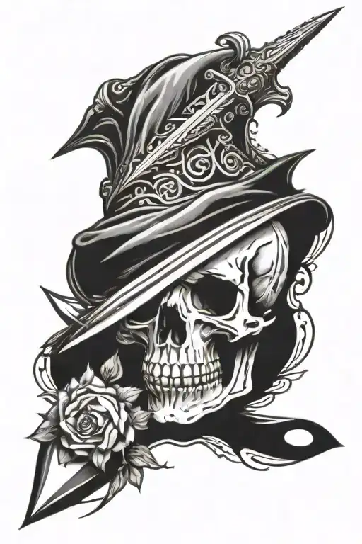 Skull pierced by a dagger tattoo design idea