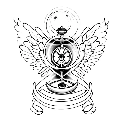 hourglass with words "momento mori" on it, intertwined with roses with thorns, and large spread out angel wings  tattoo design idea