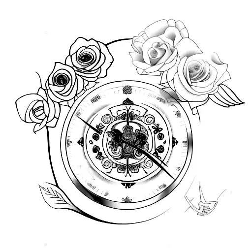 slender hourglass with "momento mori" on it, intertwined with roses with thorns, and large wings behind the hourglass  tattoo design idea