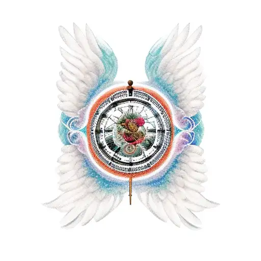 hourglass with words "momento mori" on it, intertwined with roses with thorns, and large spread out angel wings  tattoo design idea
