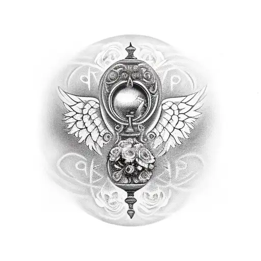 hourglass with words "momento mori" on it, intertwined with roses with thorns, and large spread out angel wings  tattoo design idea
