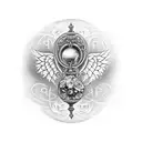 hourglass with words "momento mori" on it, intertwined with roses with thorns, and large spread out angel wings  tattoo design idea