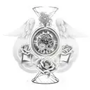 hourglass with words "momento mori" on it, intertwined with roses with thorns, and large spread out angel wings  tattoo design idea