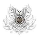 hourglass with words "momento mori" on it, intertwined with roses with thorns, and large spread out angel wings  tattoo design idea