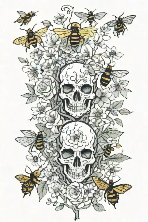 wildflowers, tree of life intertwined, bumblebees, skull tattoo design idea