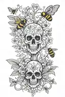 wildflowers, tree of life intertwined, bumblebees, skull tattoo design idea