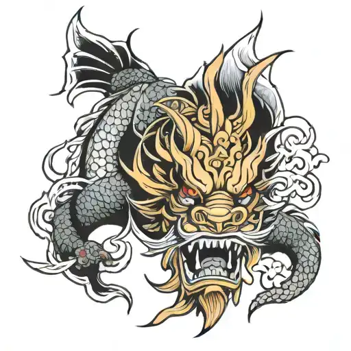 full back tattoo design having distinct elements in different places oni mask dragon fish koi samurai tattoo design idea