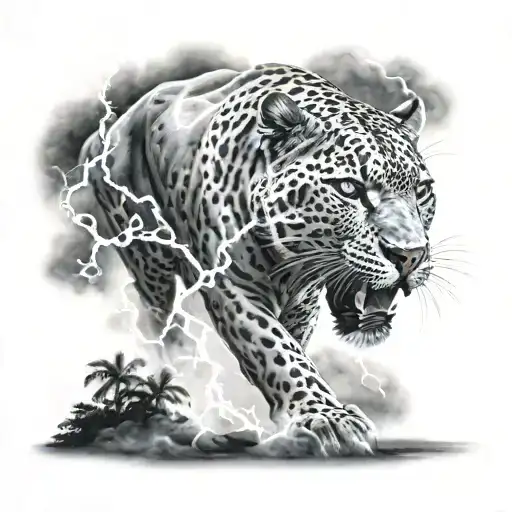 lightning with sublte dark clouds, storm setting with black jaguar  tattoo design idea