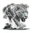 lightning with sublte dark clouds, storm setting with black jaguar  tattoo design idea