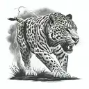 lightning with sublte dark clouds, storm setting with black jaguar  tattoo design idea