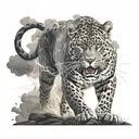 lightning with sublte dark clouds, storm setting with black jaguar  tattoo design idea
