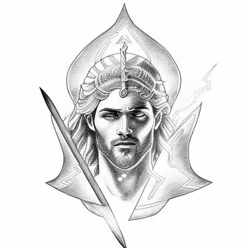 A Greek god holding a lightning bolt with intricate dotwork details tattoo design idea