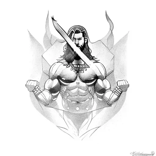 A powerful Norse god lifting weights in a gym tattoo design idea