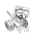 A powerful Norse god lifting weights in a gym tattoo design idea