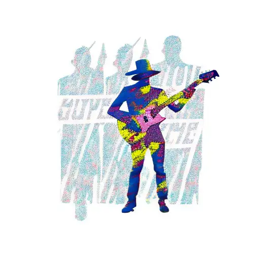 A silhouette of a person with a guitar standing on a pile of protest signs tattoo design idea