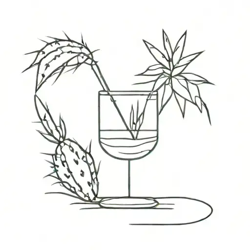 A minimalist tattoo of a cactus plant with a cocktail glass hidden among the spikes tattoo design idea