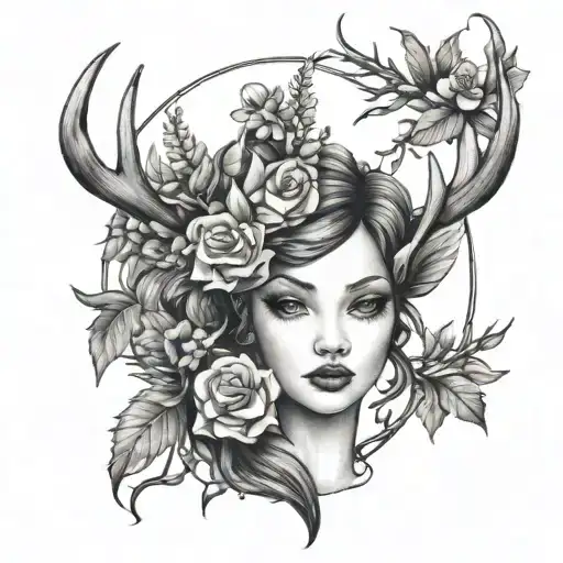 A girl with deer antlers and a wreath of flowers tattoo design idea