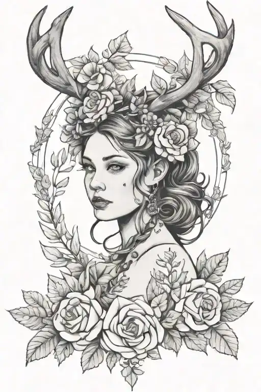 A girl with deer antlers and a wreath of flowers tattoo design idea