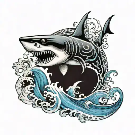 shark with light blue ocean wave tattoo design idea