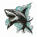 shark with light blue ocean wave tattoo design idea