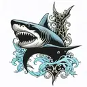 shark with light blue ocean wave tattoo design idea