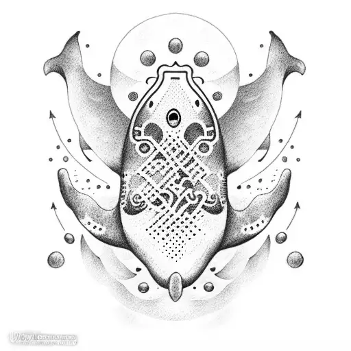 A dotwork tattoo of a whale surrounded by musical notes and lyrics from BTS songs tattoo design idea