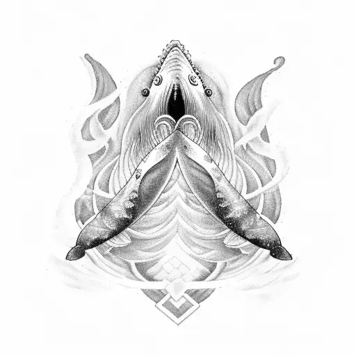 A black-grey tattoo of a BTS logo transformed into a majestic whale swimming in a sea of music tattoo design idea