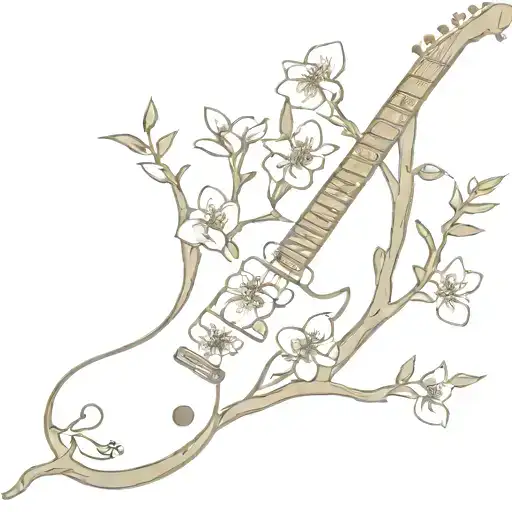 Vertical Les Paul guitar neck as a Daphne tree with Jasmin flowers on it tattoo design idea