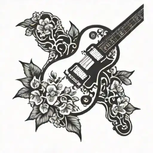 Vertical Les Paul guitar body silhouette as a Daphne tree with Jasmin flowers on it tattoo design idea