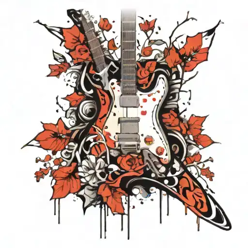 Vertical rock guitar neck as a Daphne tree with Jasmin flowers on it tattoo design idea
