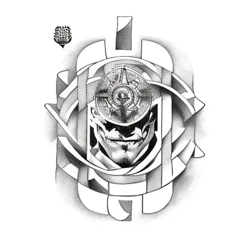 maze with map, timeline and cards with heath ledger joker and compas tattoo design idea