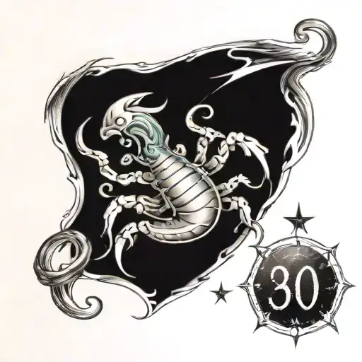 tattoo that represents my son with scorpius zodiac sign with aquatic theme, include date of birth, make it look old scho tattoo design idea