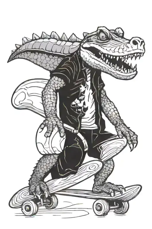 alligator with skateboard in mouth gazing confidently tattoo design idea
