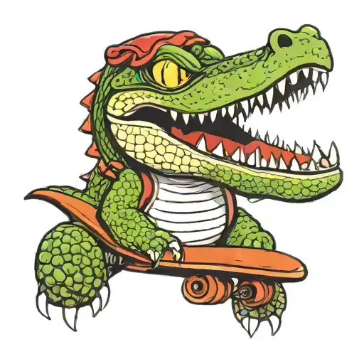 alligator with skateboard in mouth    tattoo design idea