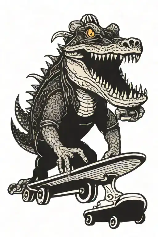 alligator with skateboard in mouth gazing tattoo design idea