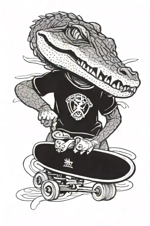 alligator with skateboard in mouth    tattoo design idea