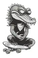 alligator with skateboard in mouth    tattoo design idea