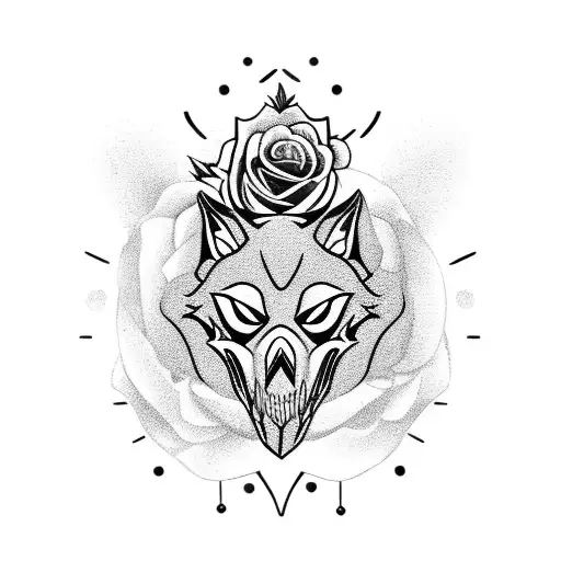 A wolf skull surrounded by a wreath of vibrant roses tattoo design idea