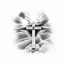 light shining down on a wooden cross on a rock in a ocean storm  tattoo design idea