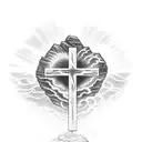 light shining down on a wooden cross on a rock in a ocean storm  tattoo design idea