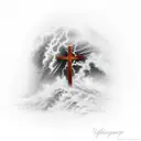 light shining down on a wooden cross on a rock in a ocean storm  tattoo design idea