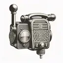 An intricate design of a vintage police radio with a racing checkered flag background tattoo design idea