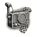 An intricate design of a vintage police radio with a racing checkered flag background tattoo design idea