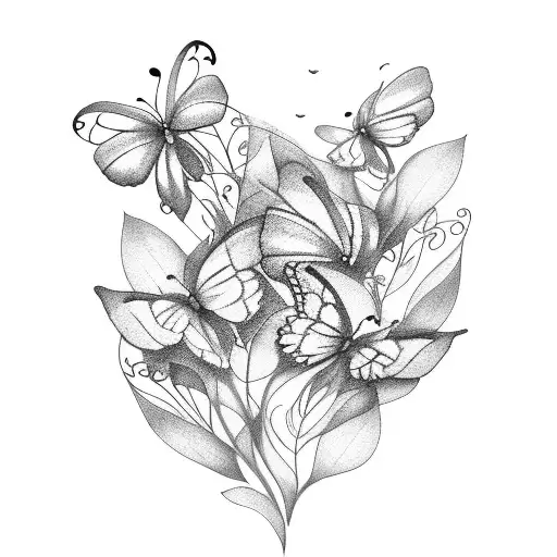 Line with flowers and leaves coming out with 3 butterflies above  tattoo design idea