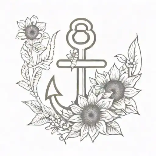 dainty anchor with sunflower inside, the top of the anchor is an 'o' in the word 'pop' above anchor tattoo design idea