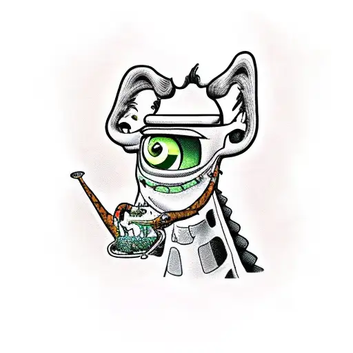 Mike wazowski meme with sullys face, smoking a cigar and riding a giraffe tattoo design idea