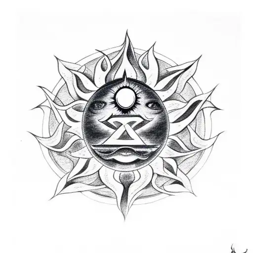 trident with evil's eye on top, standing on om, serenity prayer written in between lines and the sun in background tattoo design idea